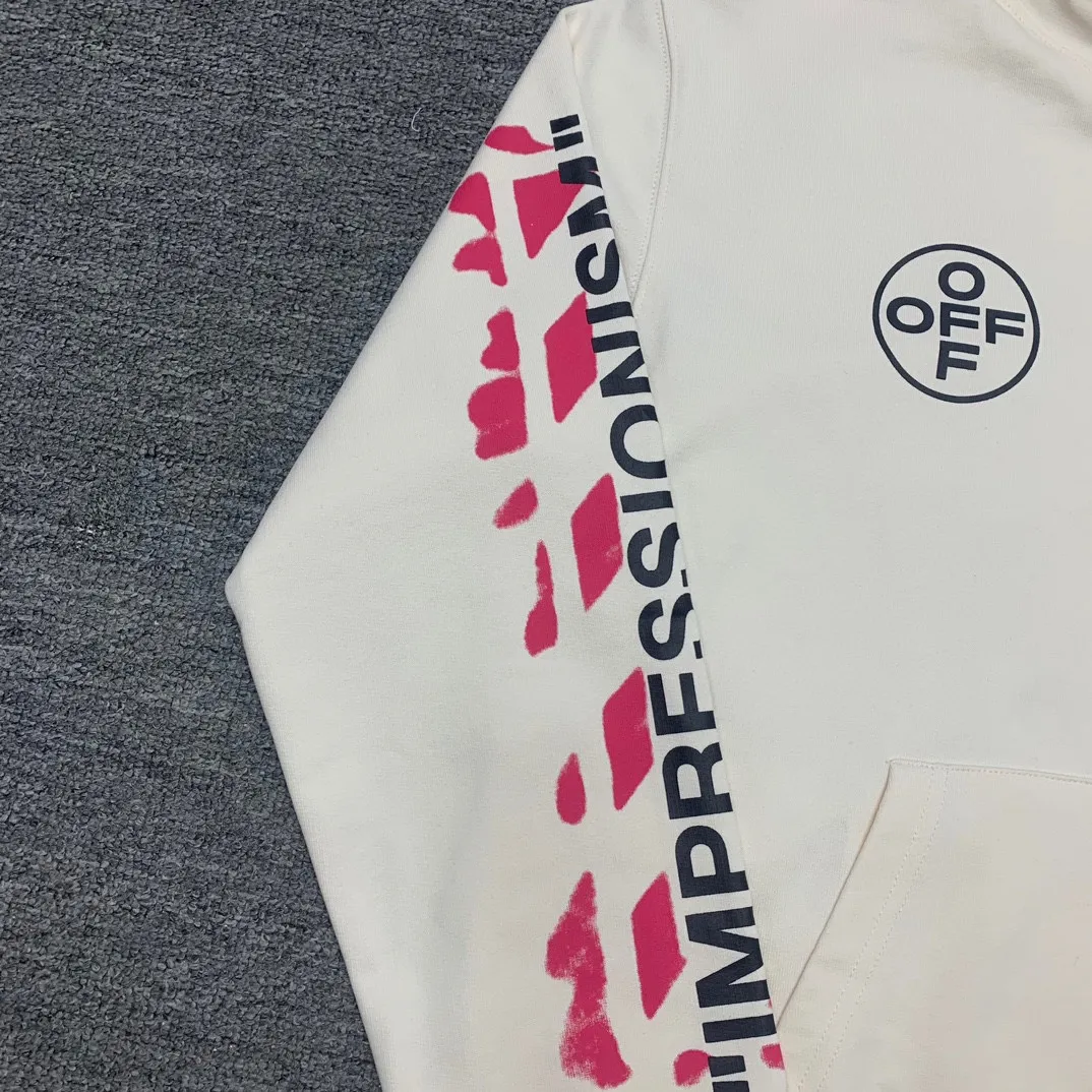 The top tested version OFF-WHITE (OW) 99 pink oil graffiti for men and women couples pure cotton loose pullover hooded sweatshirt jacket zipper professional handmade dot printing, delicate and full, strong color layering, the printing is breathable and non-sticky! The gradient of the layers is clear, the texture and texture are visible, the fabric and printing are completely combined, and the frosted feel is delicate. The fabric is made of 460g fish scale terry cotton fabric, which has a full drape. Customized zipper pull with OFFWHITE metal engraving on it and a concave feel. This is a must-see for identification. The hat rope pendant clock has metal engravings. This is a detail that is easily overlooked.  Like Monet's oil paintings, it has always occupied the top sales list on major domestic and foreign platforms, and offline stores can also be said to be often out of stock.  Couple matching, personalized and trendy! The style is elegant and classic, versatile for daily use. Couple style 👫 Can be worn by both men and women P: 390